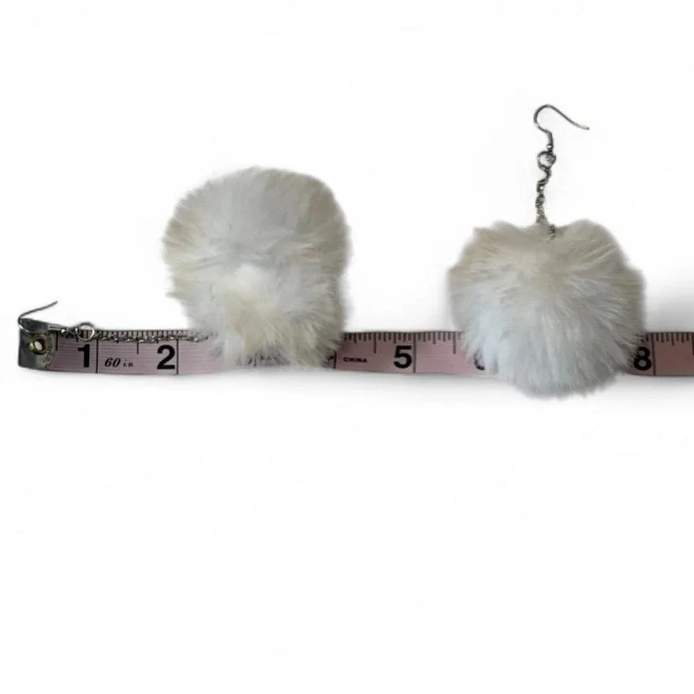White Faux Fur Pom‎ Pom Dangle Earrings